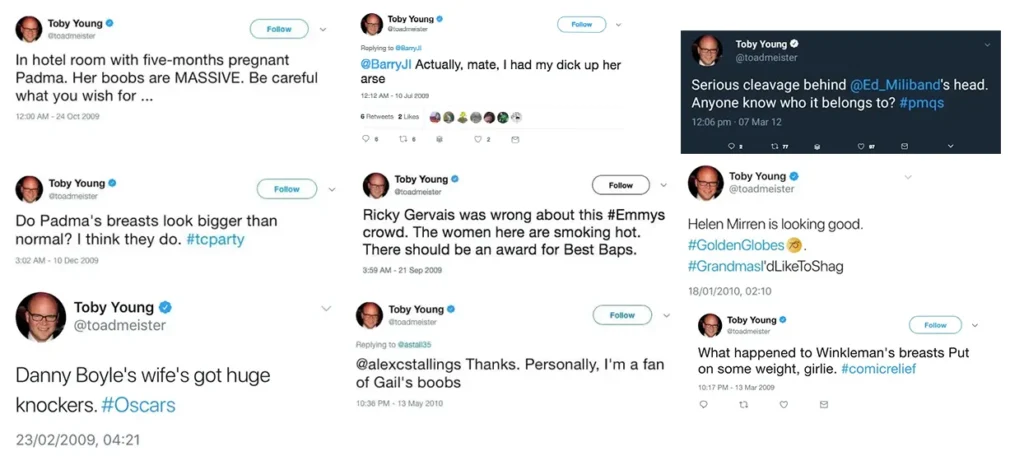 Some of the now-deleted Tweets posted by Lord Toby Young